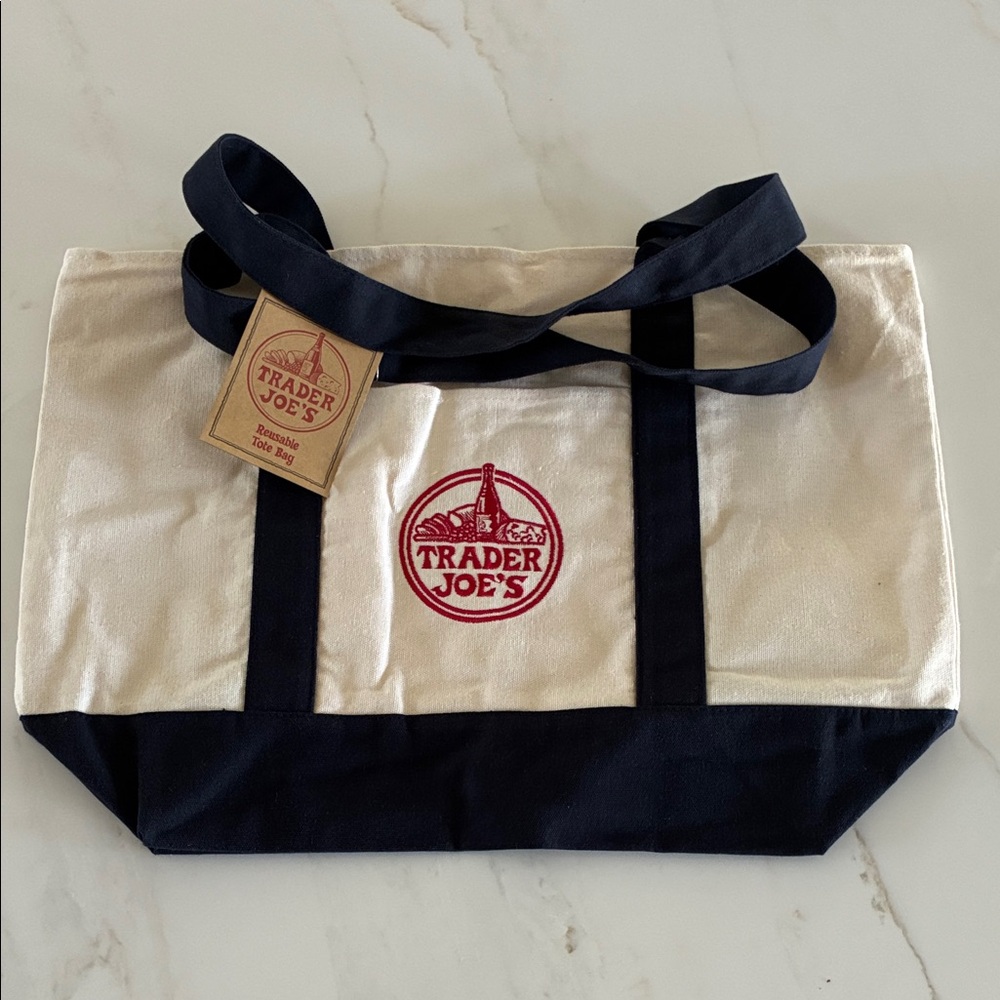 Trader joes blue and cream tote bag